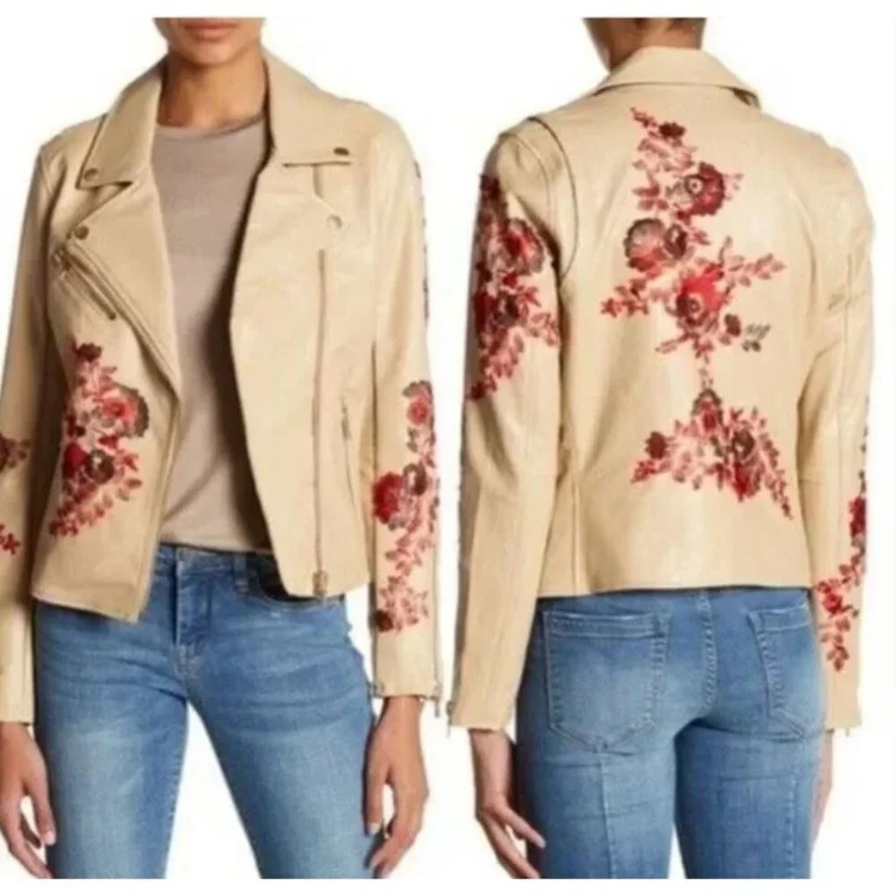 NWT Blank NYC Tan Floral Embroidered Vegan Leather Moto Jacket Size XS Biker - Picture 4 of 10